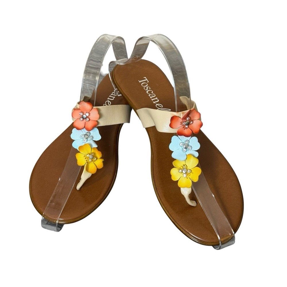 Toscanella Womens Brown Flower Embellish Sandals 6.5M Slip On Flats Casual
